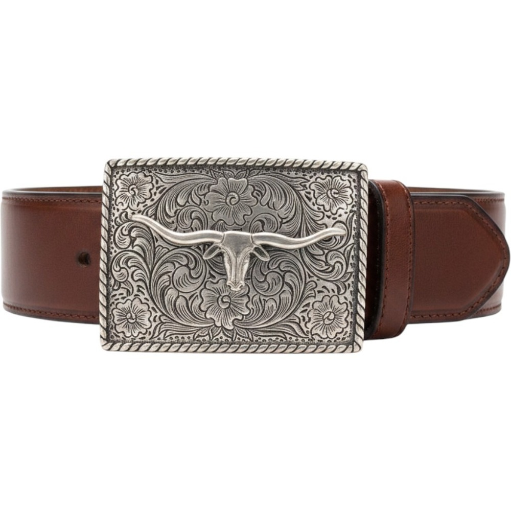 Nocona Mens Brown Tooled Leather Western Longhorn Trophy Buckle Belt 30 1150